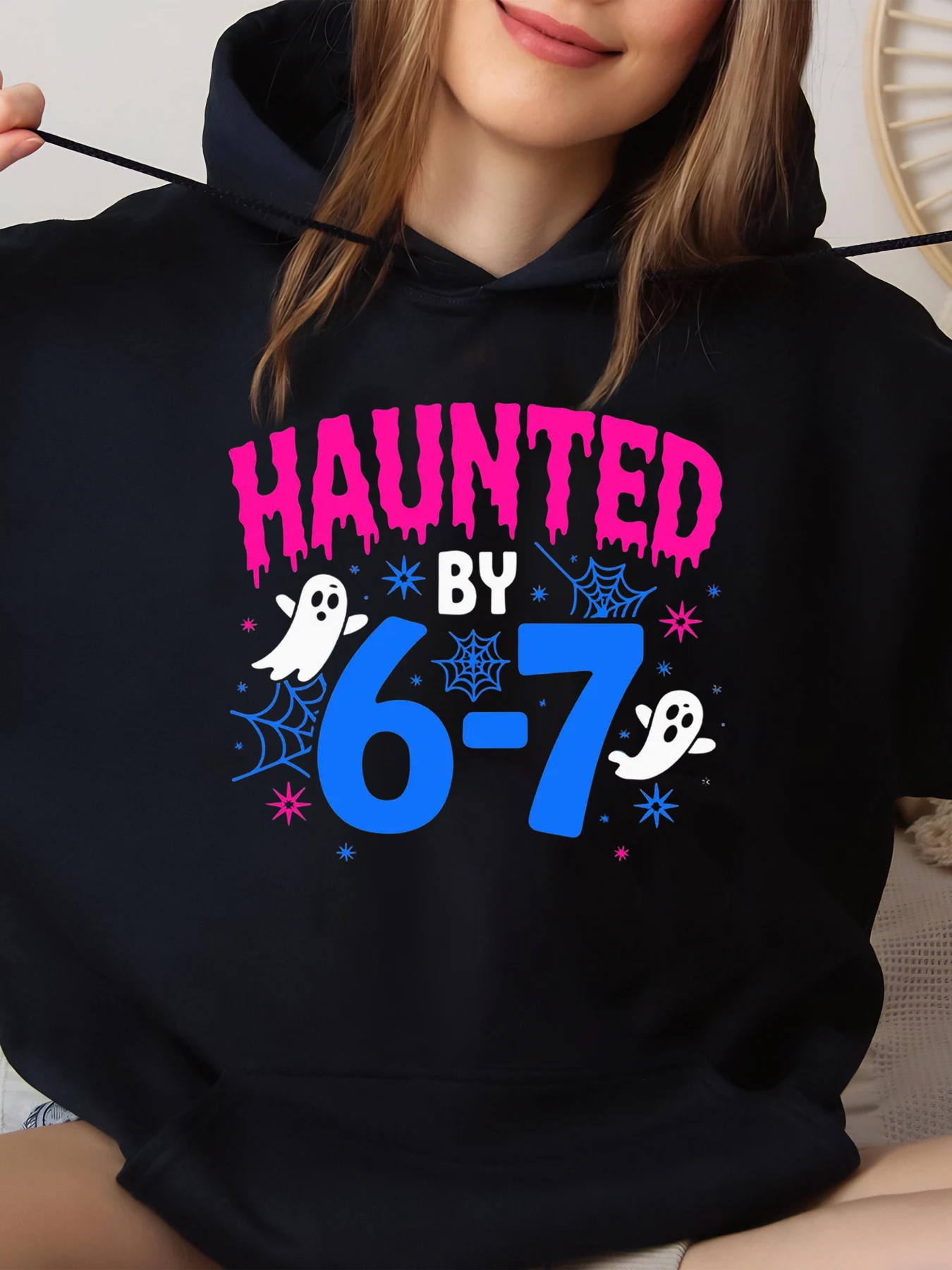 

Haunted by 6-7 Ghosts Print Halloween Hoodie Women Casual Party Wear Black Big Size