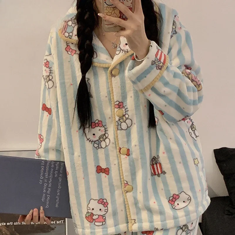 Cartoon Sanrio pajamas women\'s winter flannel thermal loungewear suit casual two-piece set thermal Hello Kitty women\'s pajamas