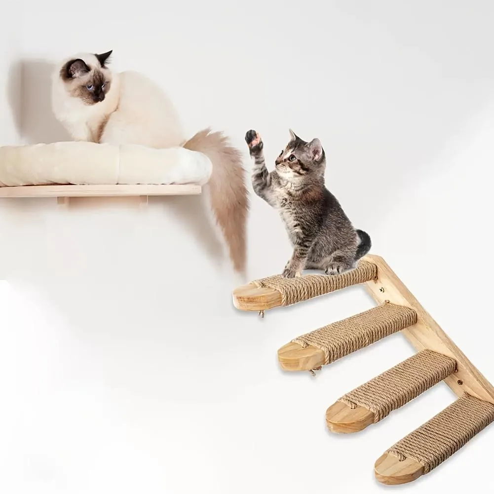 

Four-Layer Wooden Ladder With Sword - A Wall-Mounted Play Structure Suitable For Cats Featuring Natural Wood Rope Durable