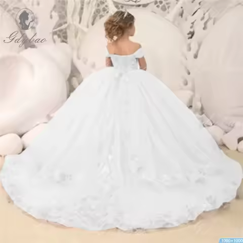 White Party Wedding Balls Flower Girl Dress Tulle First Communion Birthday Ball Kids Princess Costume Custom Evening Dress Party