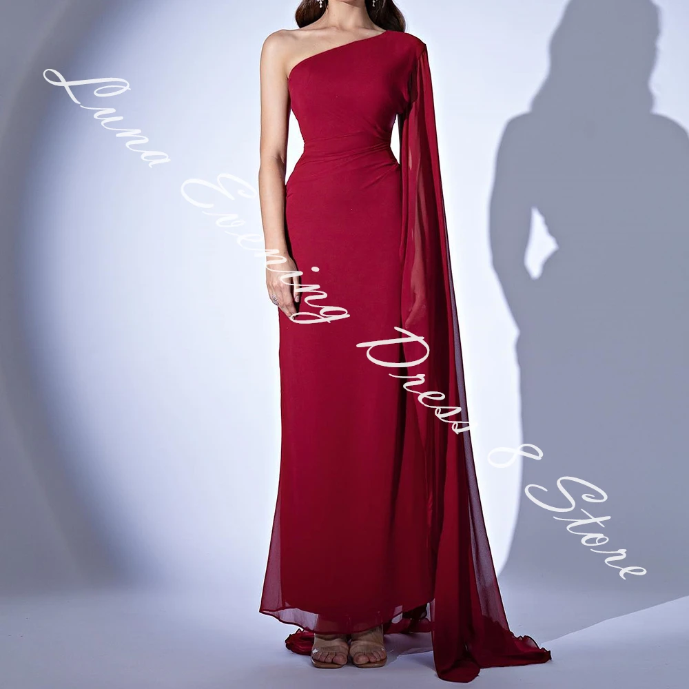 Customized Delicate Chiffon Straight One Shoulder Evening Dress Floor Length Sleeveless Watteau Train Bespoke Occasion Gowns