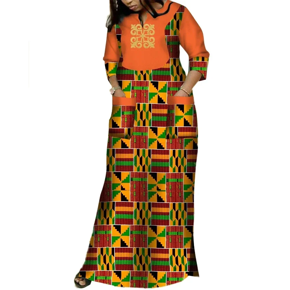 

Dashiki African Dresses for Women Bazin Riche Applique Print Long Dresses with 2 Pockets Traditional African Clothing WY3620