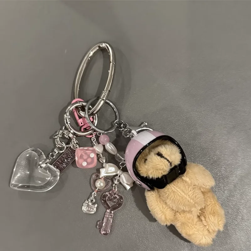 

Keychain Pink Helmet Bear Charm Keychains Y2K Plush Ornament Pendant Car Keyring Backpack Decoration Bag Charm Jewelry