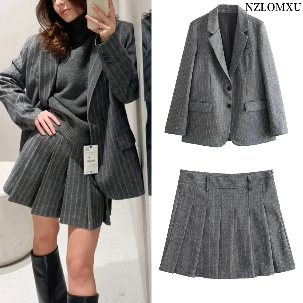 2024 Spring Women Fashion Grey 2 Piece Sets Woman Pinstripes Pockets Slim Blazer Coat + Zipper Versatile Female Mini Skirts