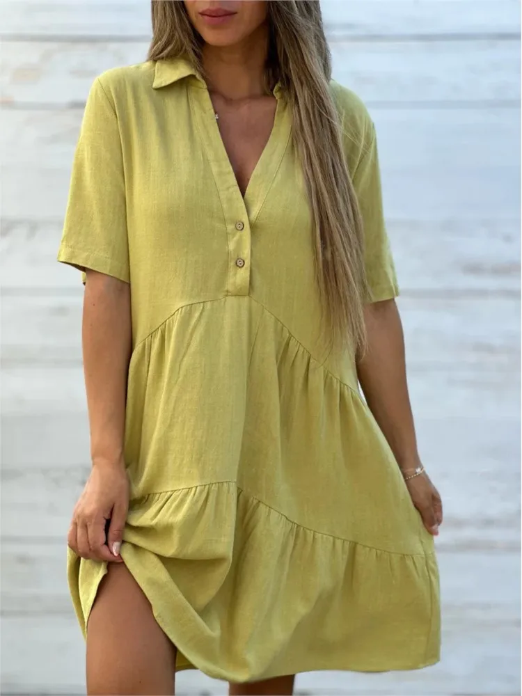 Solto sólido casual algodão vestidos de linho para as mulheres verão manga curta plissado costura botão camisa vestido feminino roupas de férias