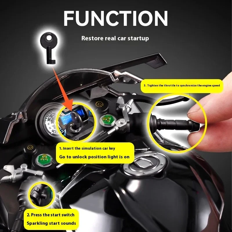 1:6 kawasaki h2r corrida de estrada motocicleta liga metal diecast modelo carro som & luz pulverizável exibição dinâmica decorações