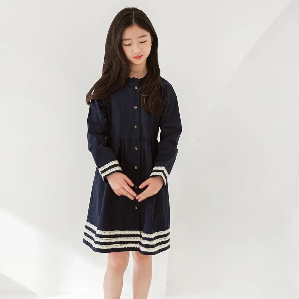 Dress Girl Teenager Elegant Navy Blue Long Sleeve Dress Lace Patchwork Shirt Tops 8 10 12 13 14 years old