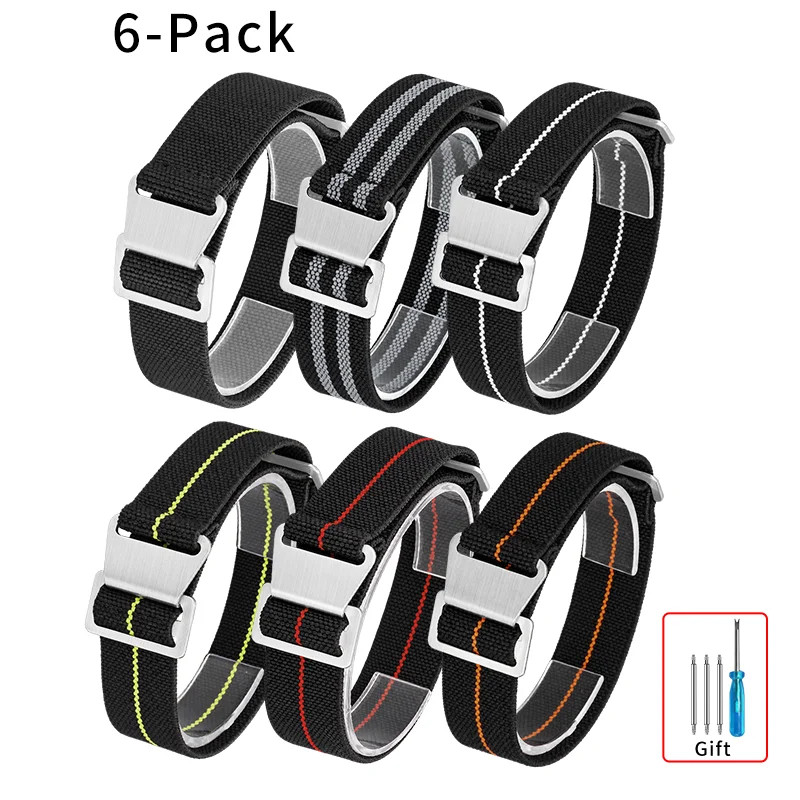 Parachute Strap Elastic - フランス軍用パラシュートバッグ風、伸縮性のある腕時計バンド。18mm、20mm、22mmのサイズに対応。ナイロン製、男性用、汎用性の高い防弾素材のリストバンド。6本セット。