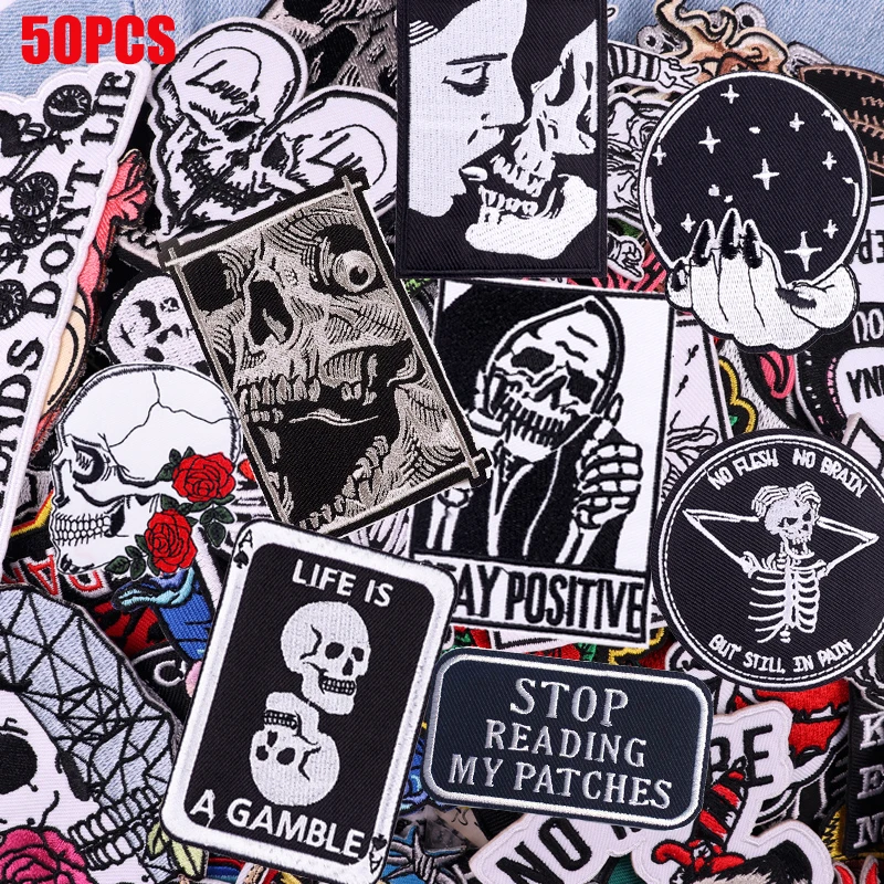 10/20/30/40/50PCS Random Mixed Punk Skull Embroidery Sew Patch Iron On Patches Jackets DIY Black And White Style Skull Patches
