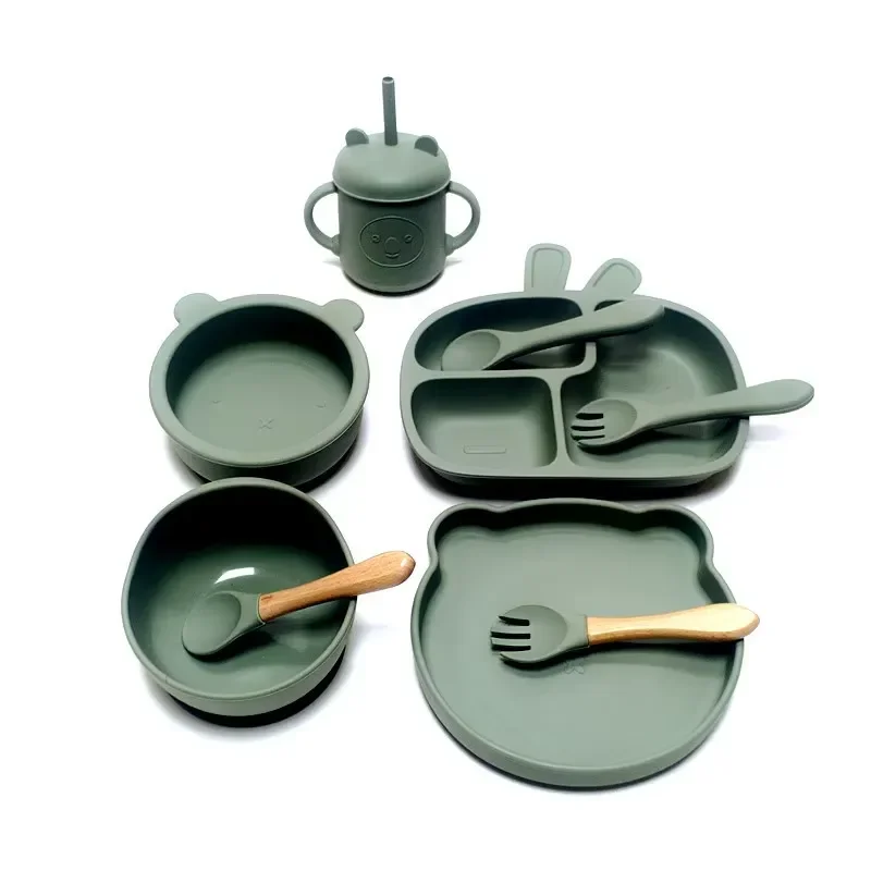 Baby cartoon silicone suction cup, dinner plate, coaster set; children's tableware, forks and spoons; anti-drop training