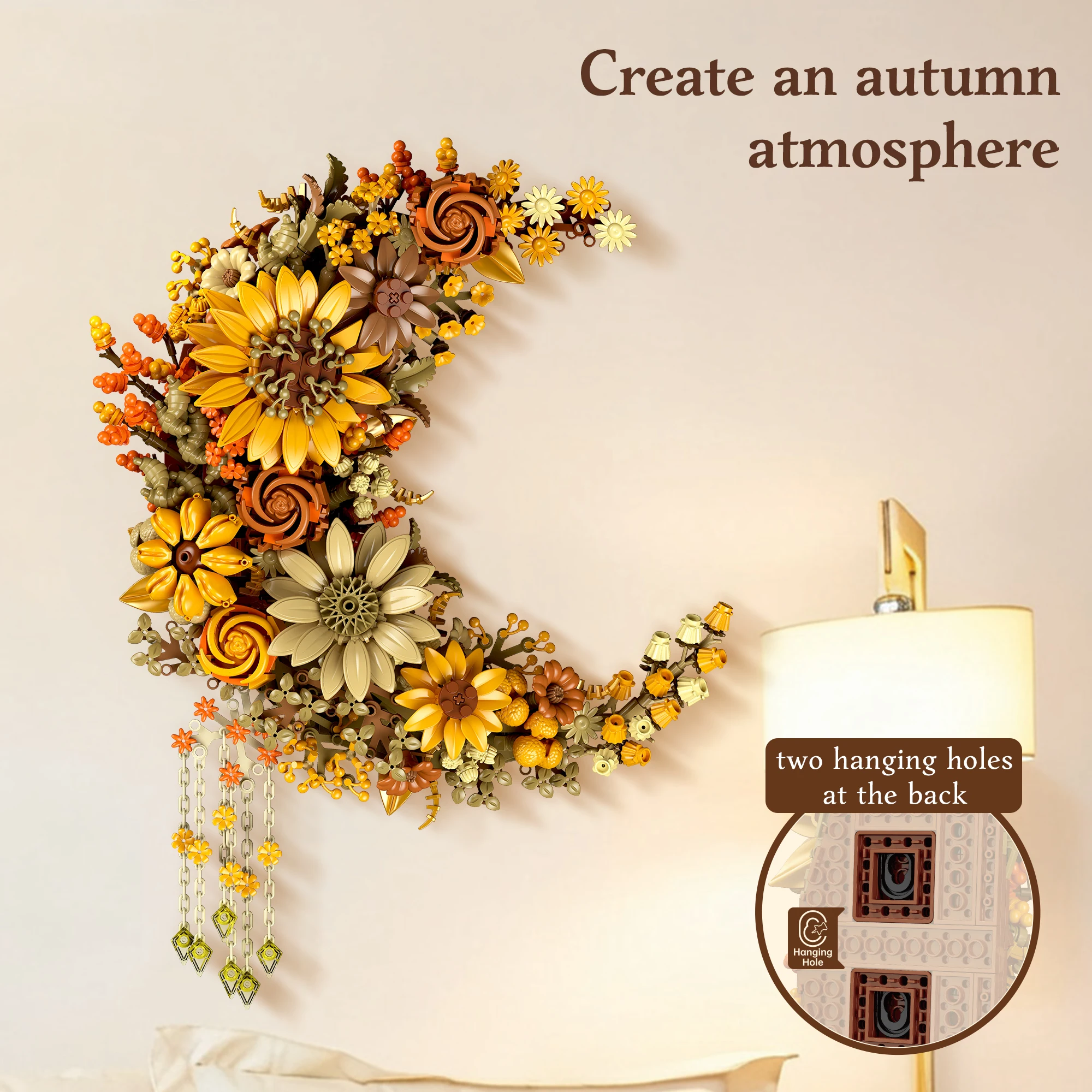 Golden Moon Flower Wall Blocks DIY Floral Moon Art Model Creative Home Wall Decor Ornament Unique Gift for Home & Art Lovers view 3