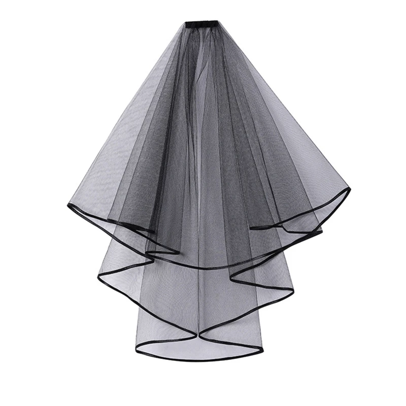 Double Mesh Tulle Ribbon Edge Women Short Wedding Veil with Comb Bride Headpiece