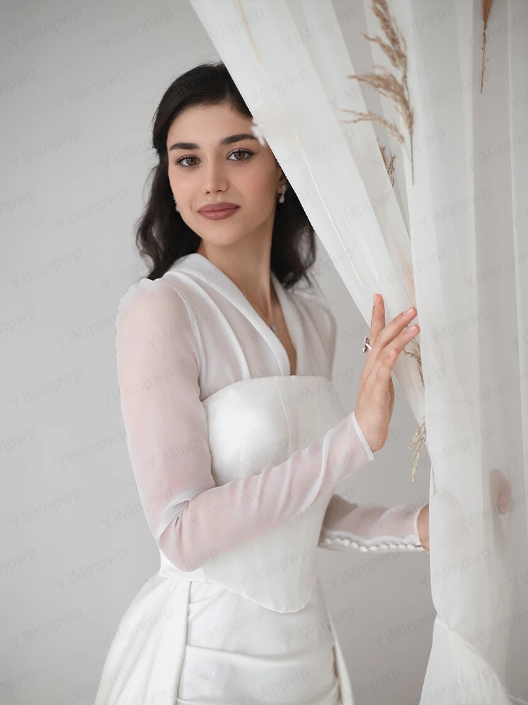 Elegante Brautkleider V-ausschnitt Langarm Meerjungfrau Braut Kleid Sweep Zug Arabisch Satin Brautkleid Angepasst vestidos de novia