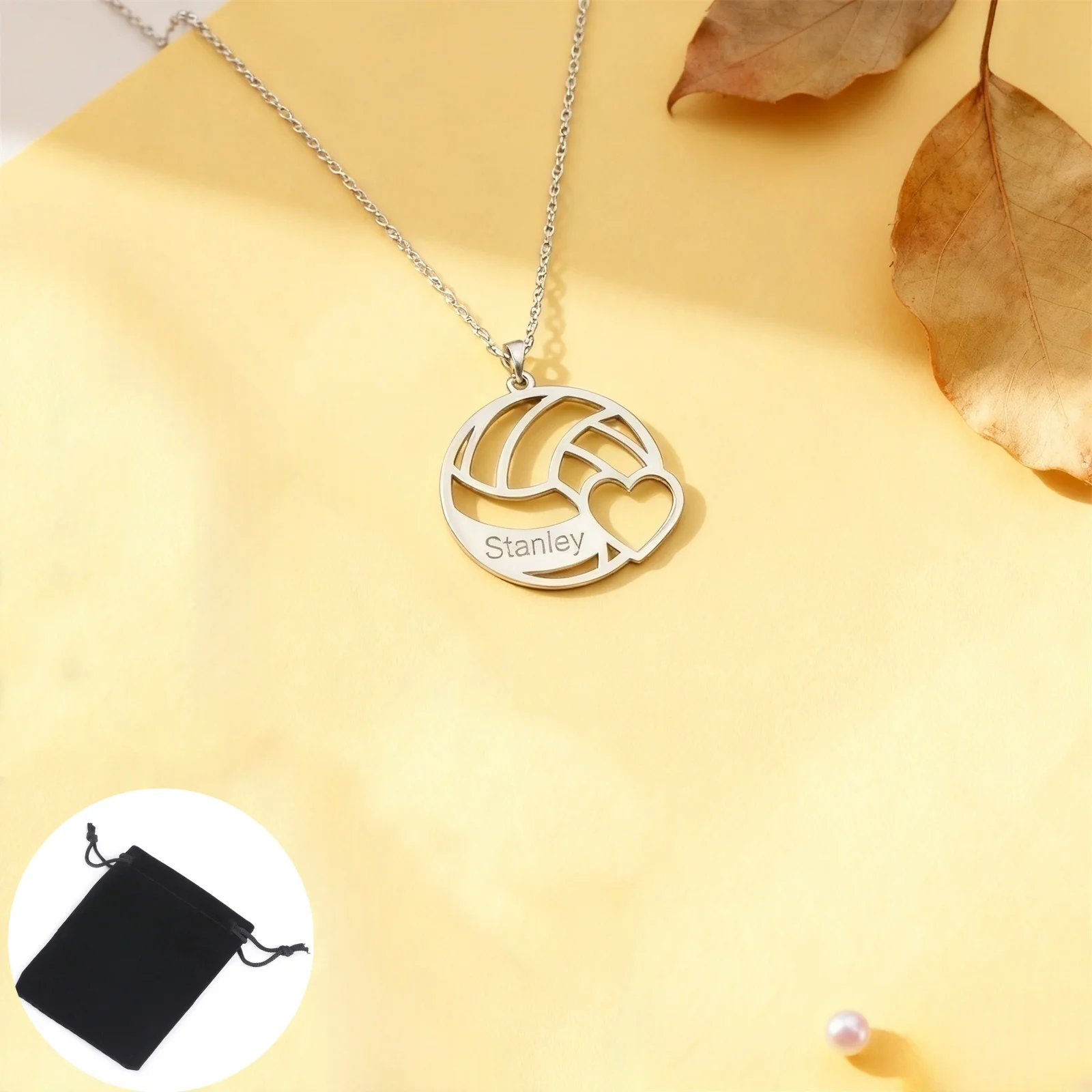 Personalizowany naszyjnik ze stali nierdzewnej z imieniem, datą i motywem siatkówki, naszyjnik sportowy z imieniem, modna biżuteria na prezent.