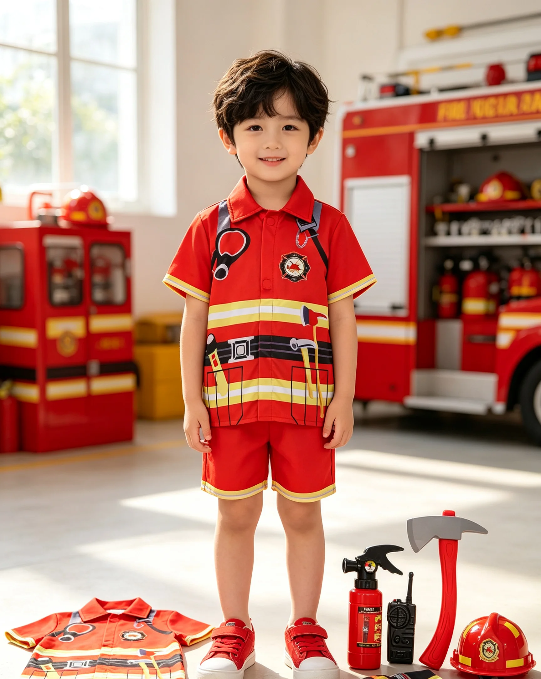 Kids Firefighter Style Shirt with Toy Accessories, Children Short Sleeve Themed Top Set