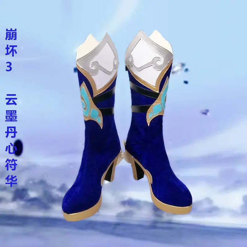 Anime Honkai Impact 3rd Fu Hua Cosplay Shoes Blue High Heels Short PU Leather Boots For Halloween Carnival