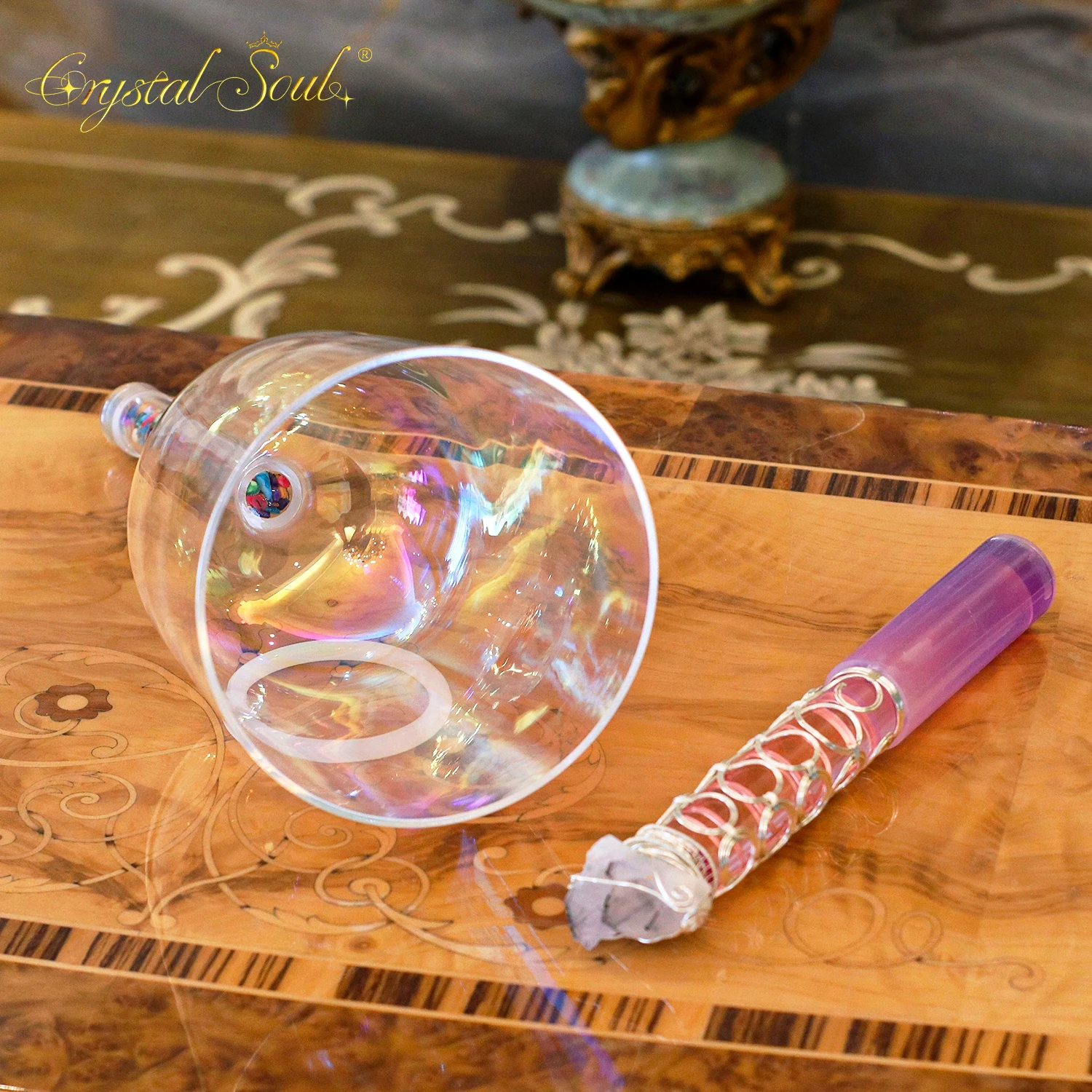 CrystalSoul 432hz High Quality Colored Shell Clear Aurora Handheld Alchemy Crystal Bowl with accessories