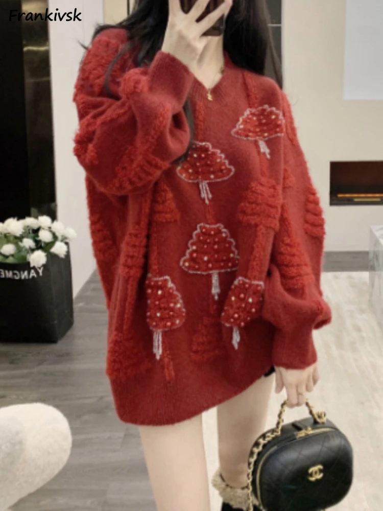 

Pearls Sweaters Women Christmas Flocking Autumn Winter Popular American Style Retro Daily All-match Streetwear Aesthetic Trendy