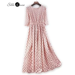 Pink Polka Dot Printed Mulberry Silk Dress Heavy Satin Drawstring 2022 Fashion Women's Clothing Party Evening Dress