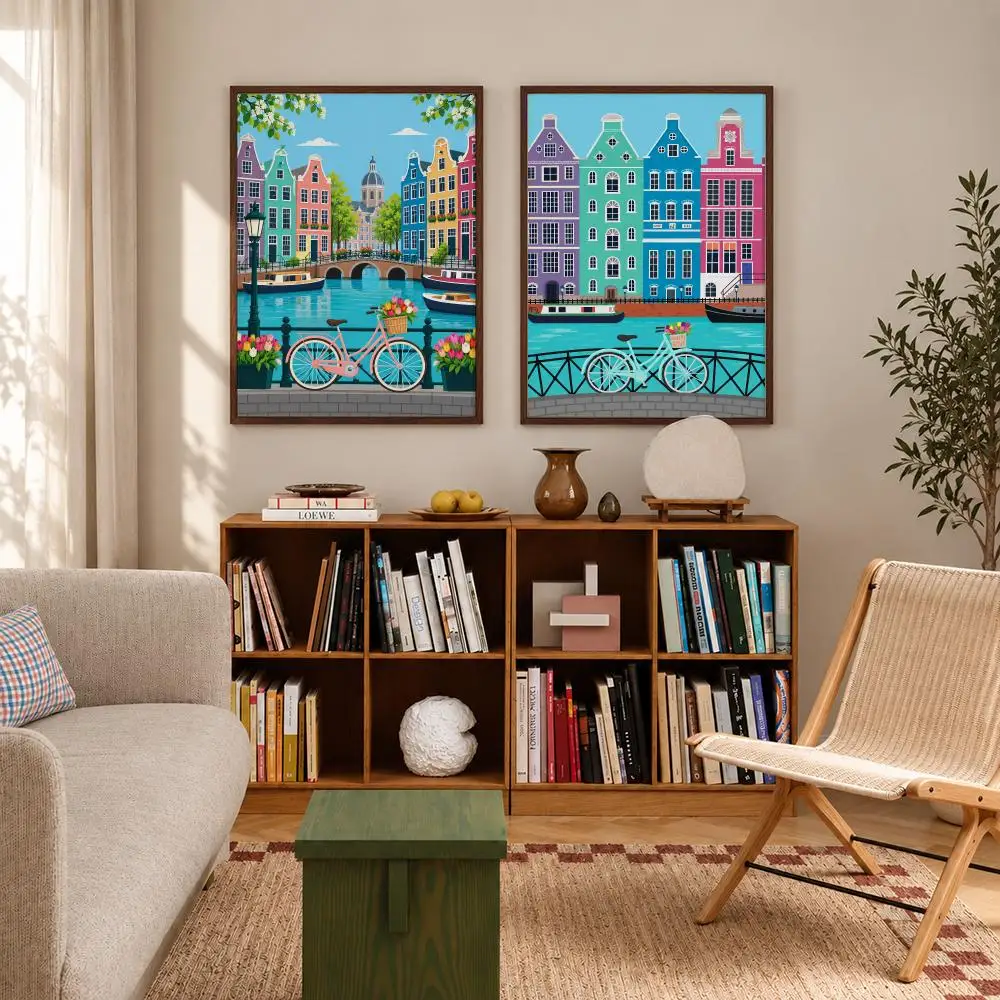 Amsterdam Travel Self-adhesive Colorful Illustration Flower Wall Art New Yorker Style Nursery Decor Poster