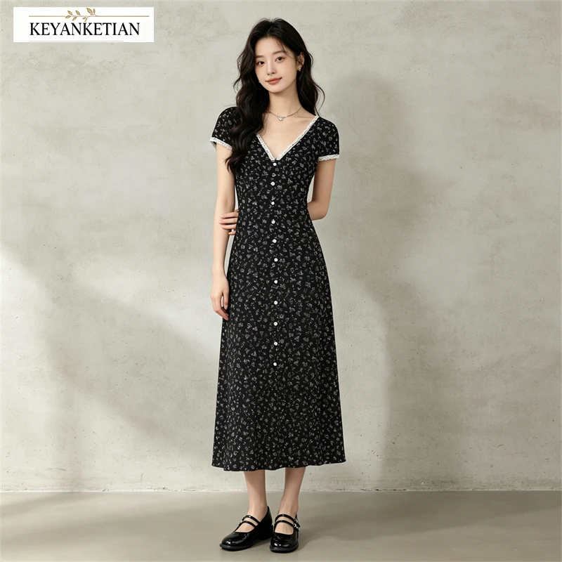 French Vintage Floral Midi Dress - KEYANKETIAN 2026 French Romantic Vintage Floral