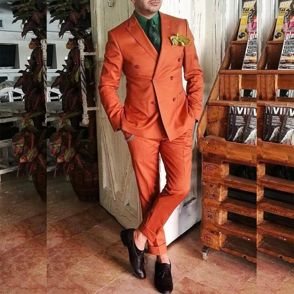 

STEVDITG Orange Men's Suits Full Set Peaked Lapel Double Breasted Prom Party Outfits Set Casual 2 Piece Jacket Pants Costume