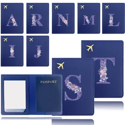 Women Passport Case Airplane Pu Passport Cover Business Passport Clip Bank Card Organizer Cover Purple Flower Letter Pattern