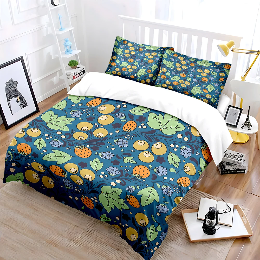 Colorful hand-drawn fruits and leaves Print Bedding Set 1Duvet Cover 2Pillowcases for Adult and Children Luxury Gift Full Size