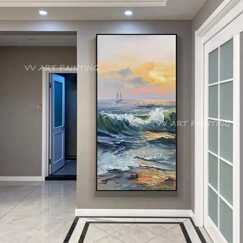 Ocean Sea Wave Blue Canvas 100% Handmade Sunset Oil Painting Living Room Decoration Nature Drawing