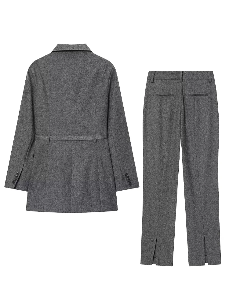 HH Women 2 Piece Set Long Sleeved Lapel Single-breasted Pockets Belt Decorate Loose Blazer Suit+Fashion Casual Zipper Long Pants