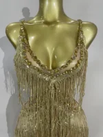 Sparkly Gold Rhinestones Sequins Fringe jumpsuit Women Sexy Nightclub Party Birthday Outfit Show Singer Stage Perform Costume - Image 5