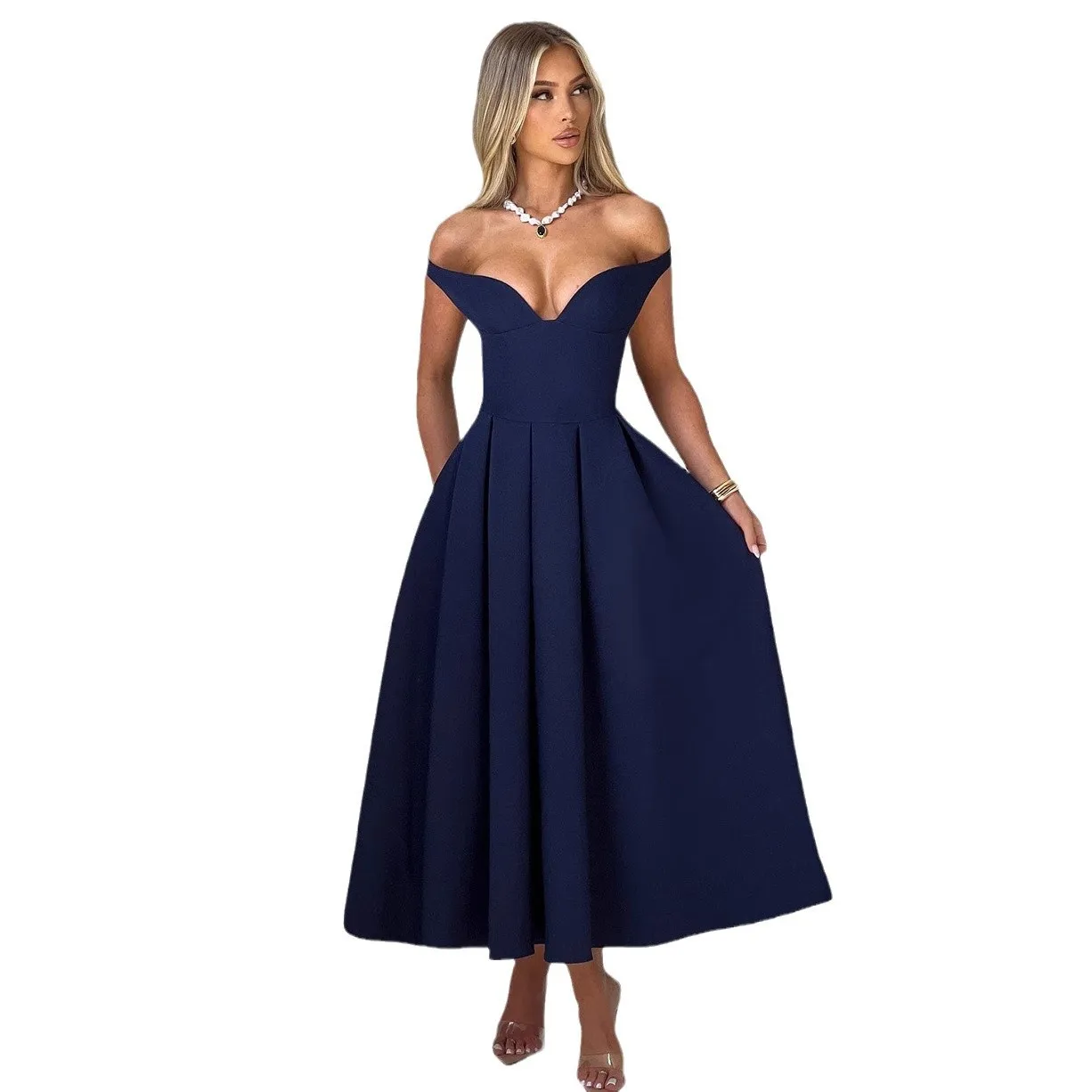 2025 primavera e verão nova moda feminina sexy fora do ombro elegante decote em v sem costas plissado bola vestido de noite