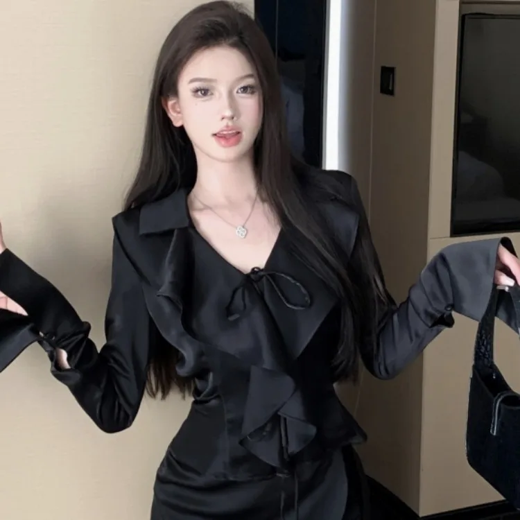 Korejepo French Temperament Ruffle Edge Lace Up Long Sleeved Shirt Black Suit Women Autumn Hip Skirt Satin Two Piece Set 2024