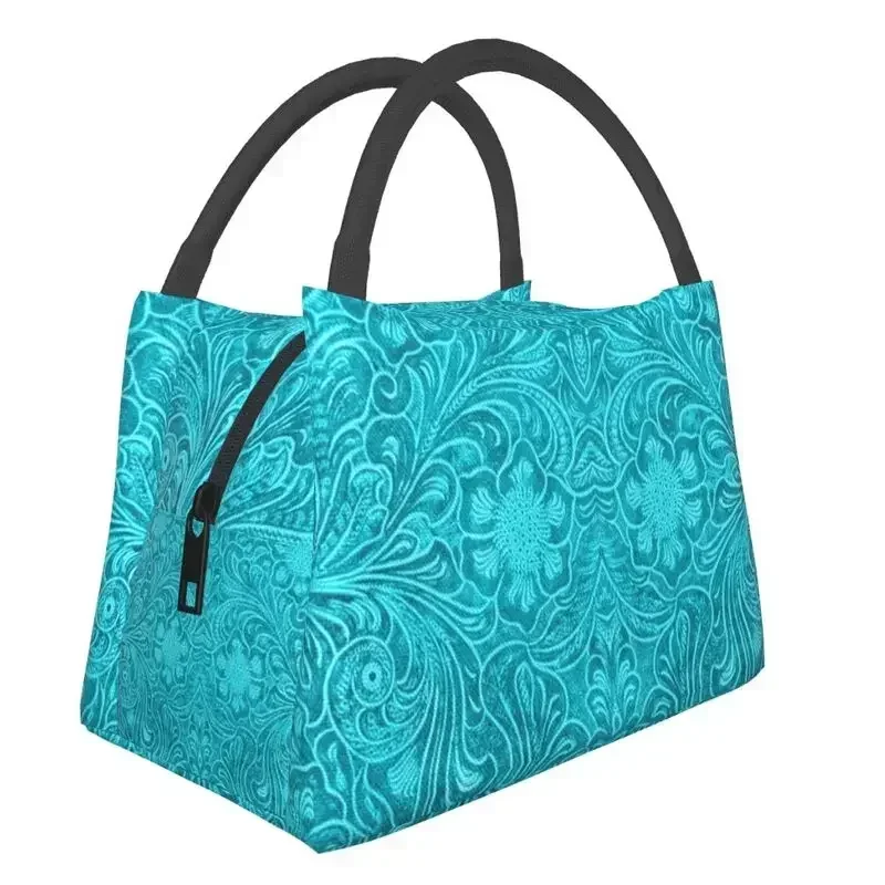 Turquoise Leather Texture Look Thermal Insulated Lunch Bags Women Embossed Floral Pattern Print Portable Container Meal Food Box