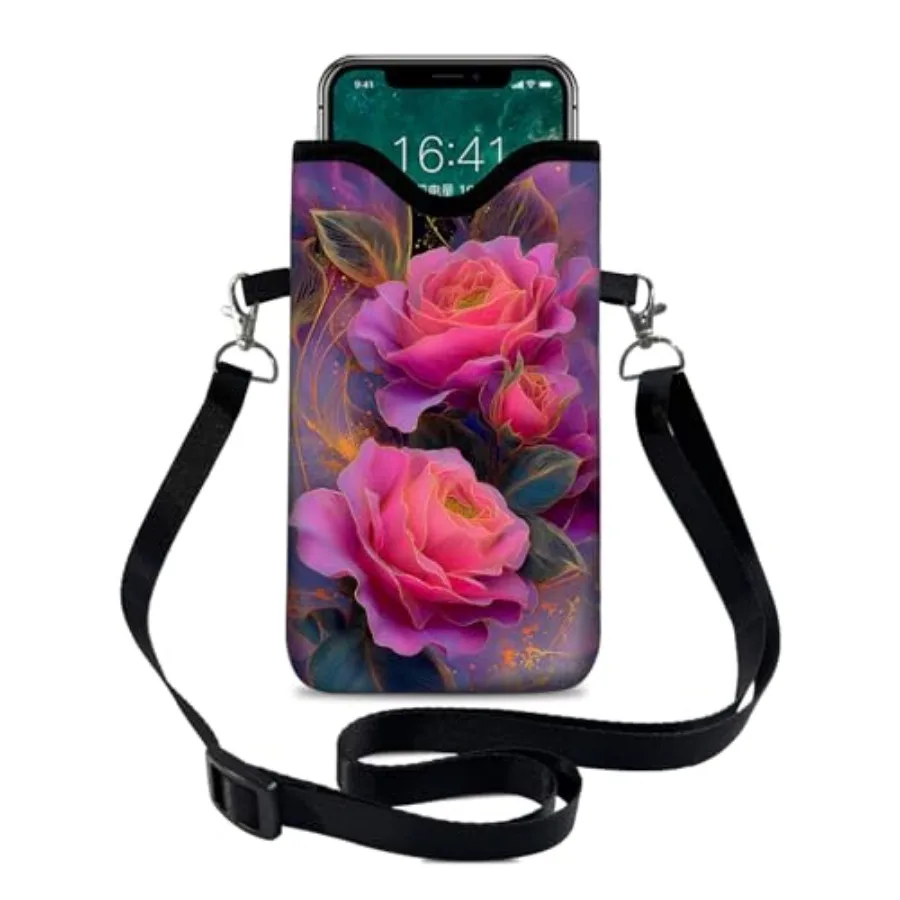 

Neoprene Cell Phone Sleeve Pouch Case Bag with Crossbody Strap Neck Lanyard for Women 7.1 X 3.9 in Beautiful Flowers