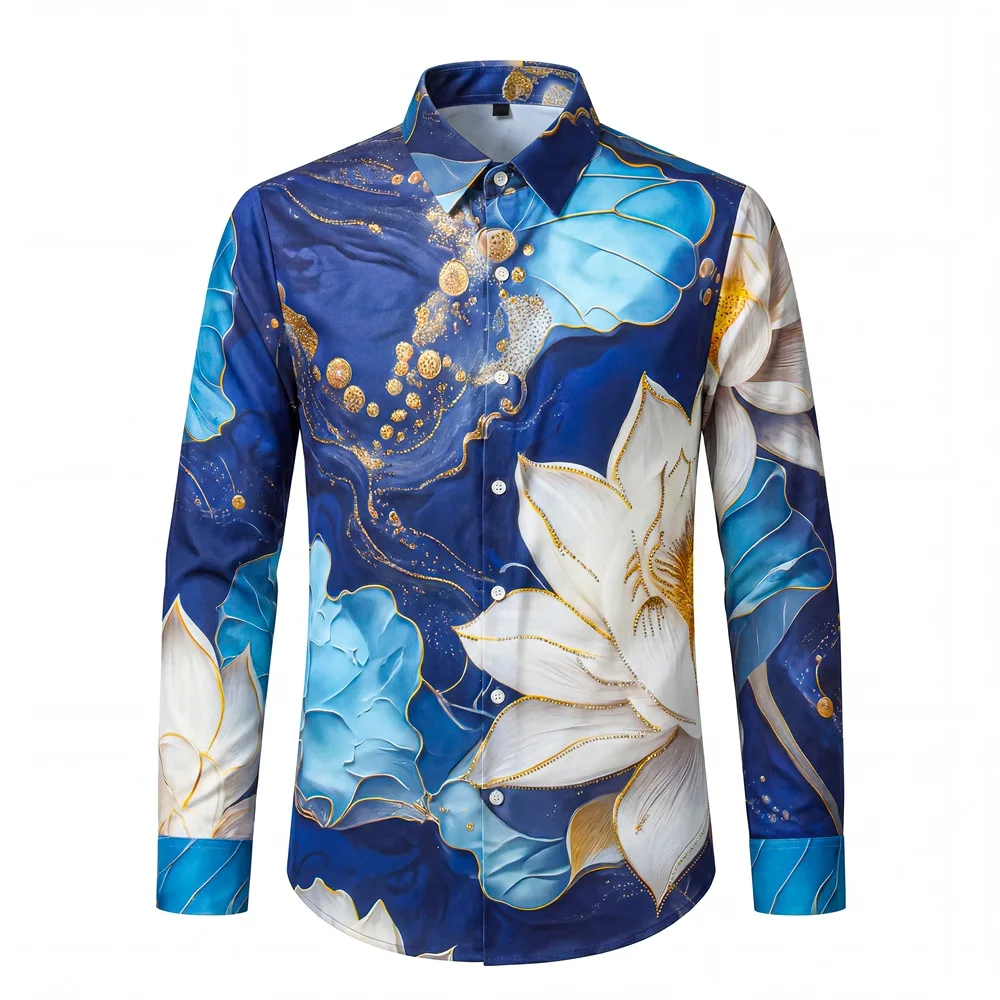 Luxury Ocean Style Shirt Men's Rhinestone Flower Long Sleeved Casual Shirts Business Social Office Dress Shirt Men Clothing 2026