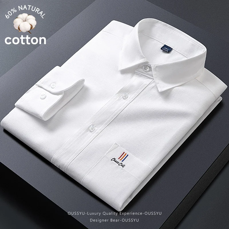 High Quality Spring Autumn Men's Long Sleeve Oxford Shirt Non-Iron Business Casual Solid Color Button 60%Cotton Down Top Shirts
