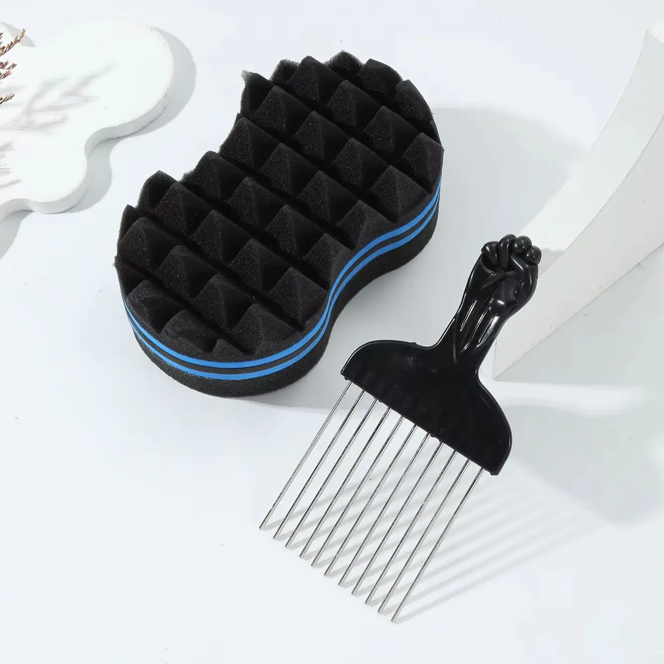 2pcs Afro Hair Styling Set, Curl Sponge & Pick Comb Tool