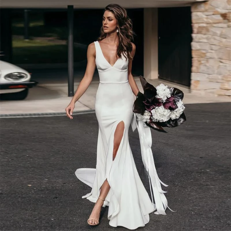 

Deep V-Neck Sleeveless Pleats Mermaid Wedding Dress Crepe Open Back High Side Slit Floor Length Bridal Gown Custom Made