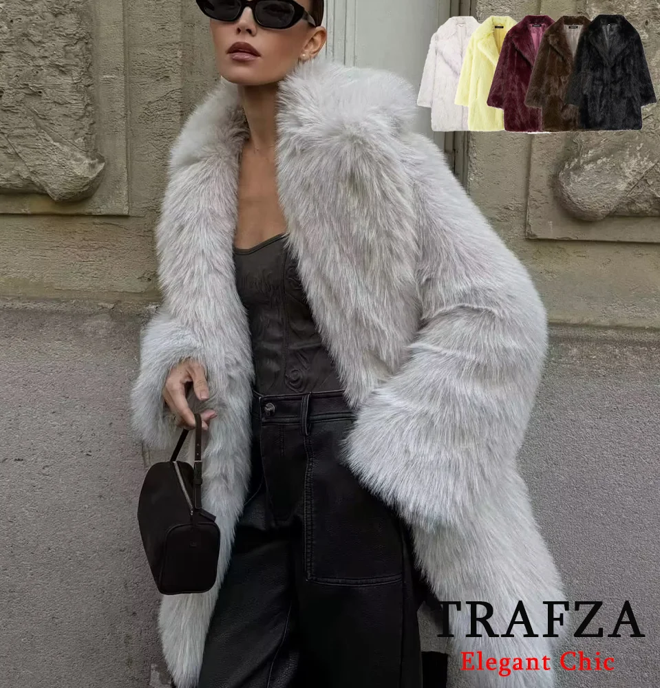 TRAFZA Elegant Winter Loose Faux Fur Coat Women\'s Lapel Coat Jacket New 2024 Winter Fashion Glamorous High Street Faux Fur Coat