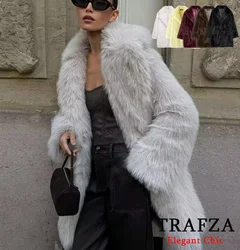 TRAFZA Elegant Winter Loose Faux Fur Coat Women's Lapel Coat Jacket New 2024 Winter Fashion Glamorous High Street  Faux Fur Coat