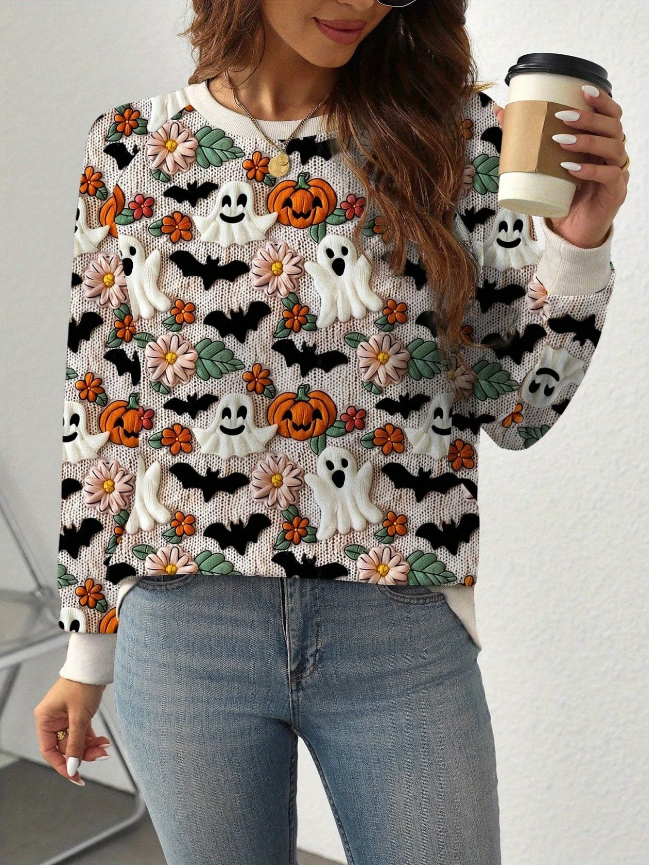 Women Halloween Sweatshirt Ghost Bat Pumpkin Floral Allover Print Crew Neck Long Sleeve Holiday Casual Pullover Women's Clothes