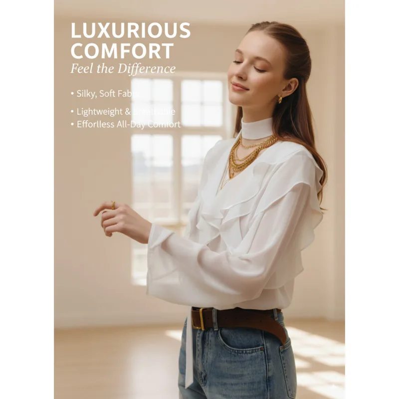 

2025 Summer Chiffon Blouse For Women Loose Fit V Neck Long Sleeve Sheer Top With Ruffles Neck Tie Elegant Office Style Clothes