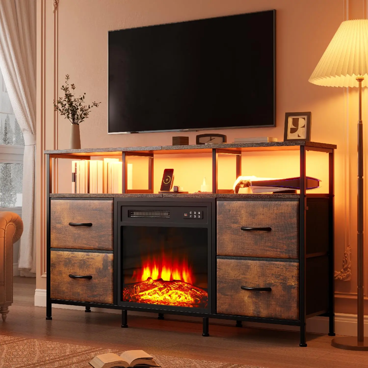 Fireplace TV Stand with 4 Fabric Drawers LED Lights & Power Outlets Open Shelf for 43-50 Inch TV Living Room, Customized