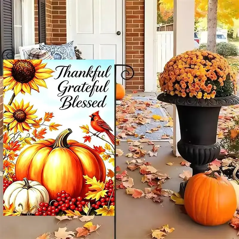 Fall Thankful Grateful Blessed Pumpkin Garden Flag 12x18 Double Sided | Small Burlap Autumn Thanksgiving Farmhouse Outdoor C kkz