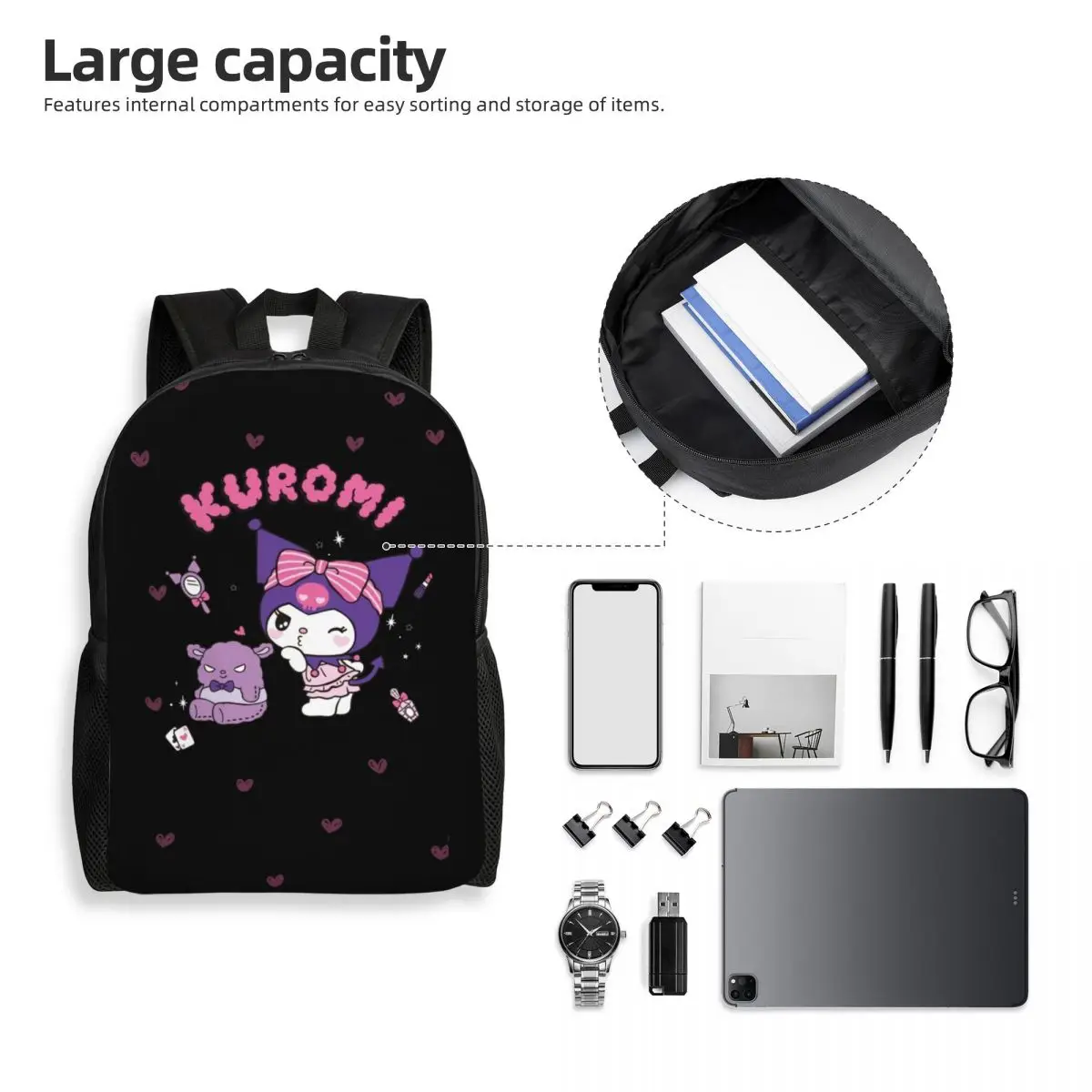 Personalizado Kuromi Cartoon Anime Coração Laptop Mochila, Moda Bookbag para estudantes de escolas universitárias, homens e mulheres