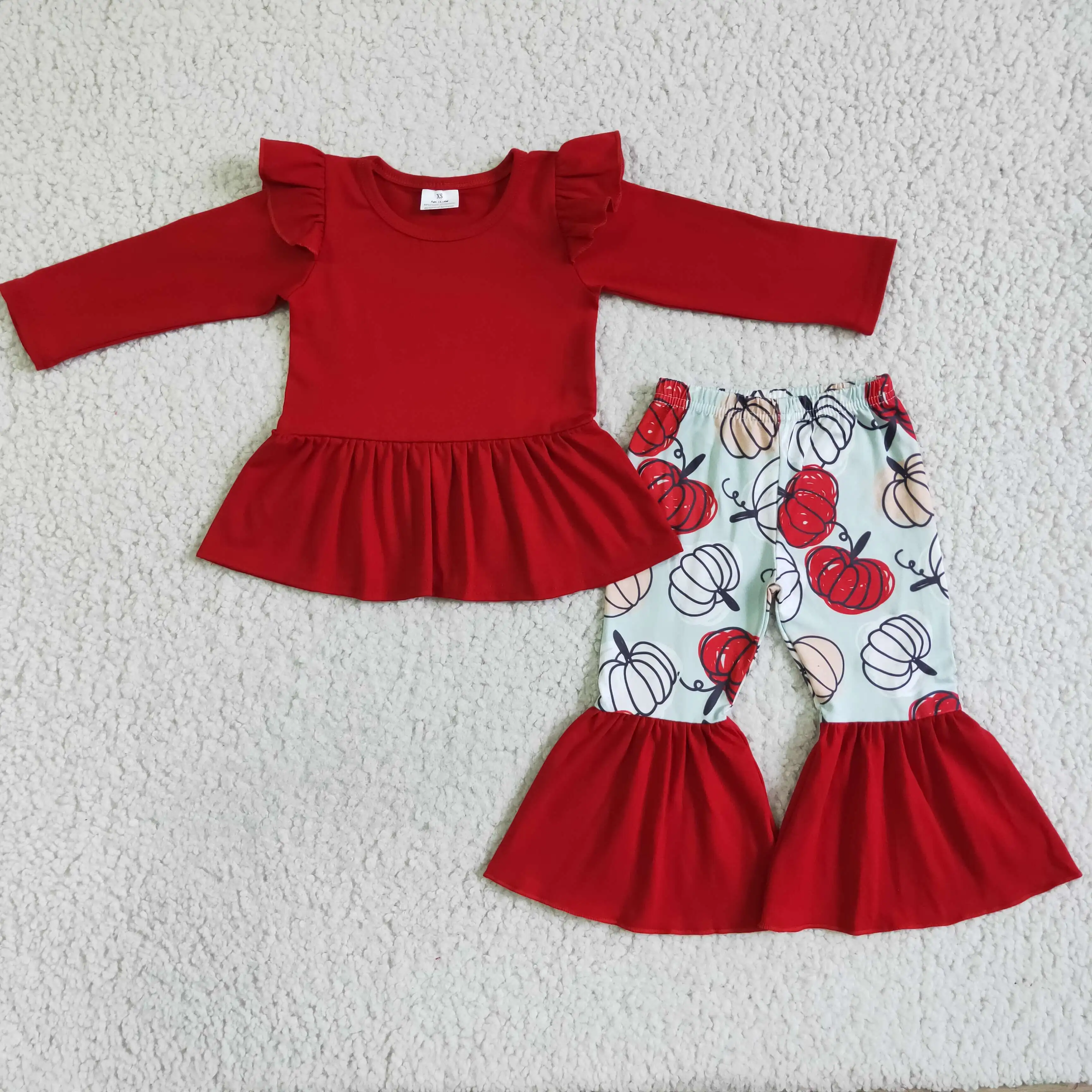 Wholesale Baby Girl Thanksgiving Outfit Red Long Sleeves Cotton Ruffle Tunic Children Kids Pumpkins Bell Pants Toddler Fall Set