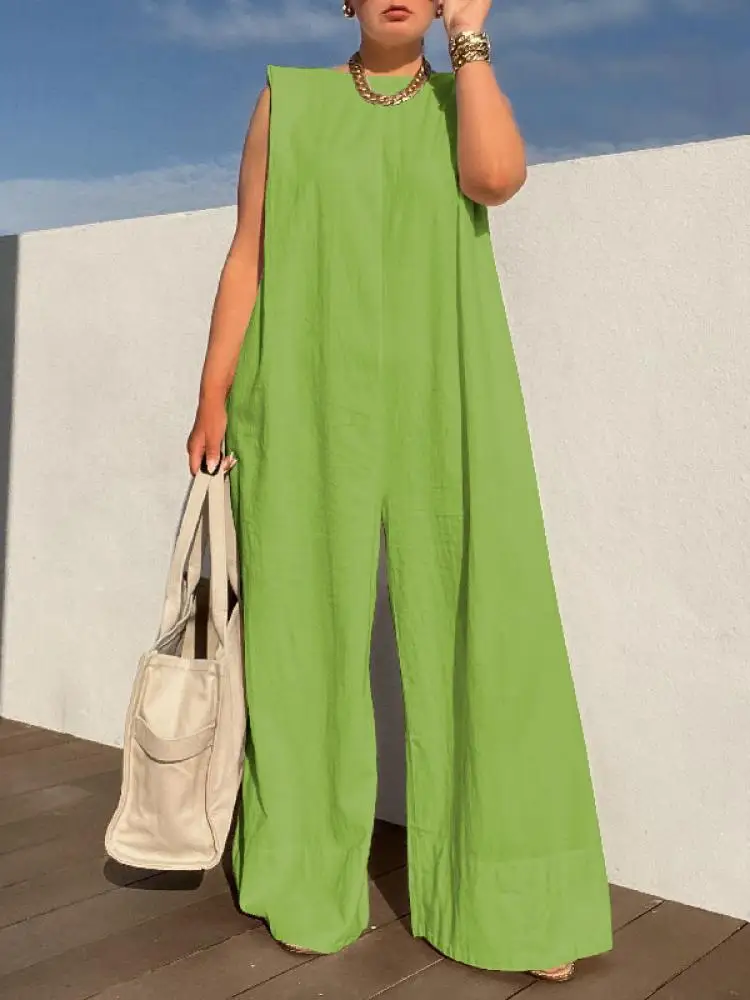 Yezzi 2024 Nieuwe Vrouwelijke Stijlvolle Selectie Effen Kleur Wijde Pijpen Jumpsuits Dames Zomer Mouwloze Losse Casual Eendelige Outfits