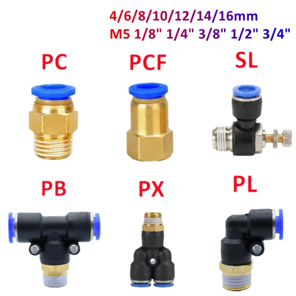 

Pneumatic Air Connector Fitting PC/PCF/SL/PB/PX/PL 10mm 12mm 14mm 16 Thread M5 3/4" 1 2 way Hose Fittings Pipe Quick Connectors