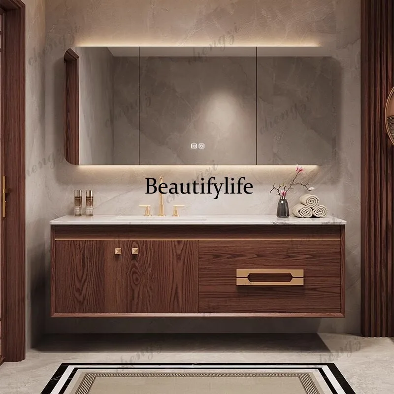 Red Oak New Chinese Bathroom Cabinet Solid Wood Slate Hot Bending Integrated Basin Seamless Ceramic Open Lacquer Washbasin
